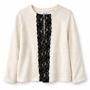 CITRON Santa Monica Cardigan Cream Textured Black Lace‎ Trim Knit Sweater M VTG